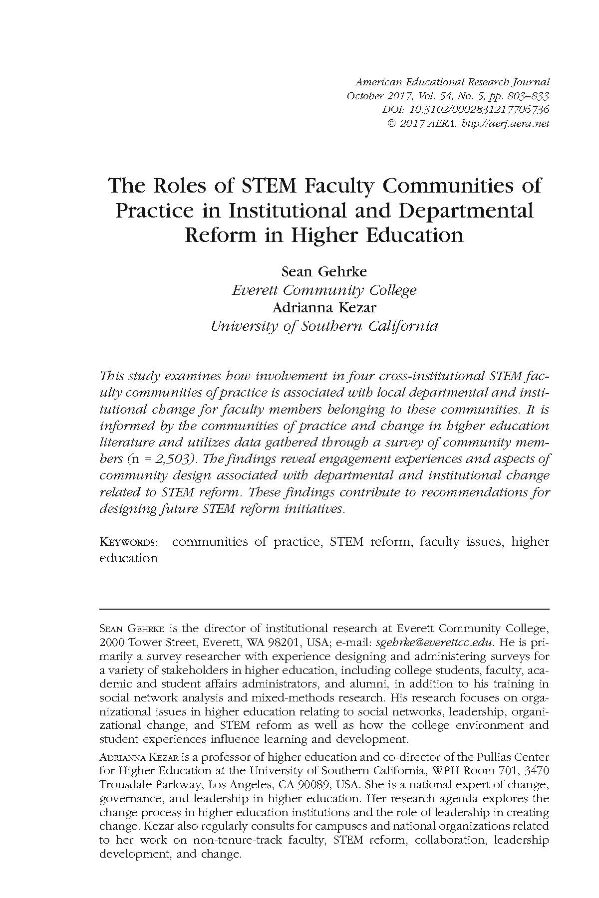 The Roles of STEM Faculty Communities of Practice in Institutional and Departmental Reform in Higher Education