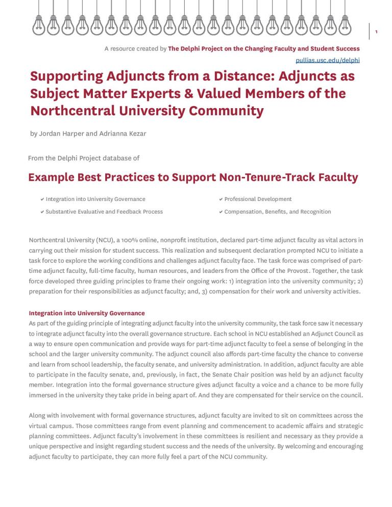 Supporting Adjuncts from a Distance: Adjuncts as Subject Matter Experts & Valued Members of the Northcentral University Community