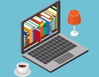 online-library-concept-laptop-with-book-shelves-vector-id860783542