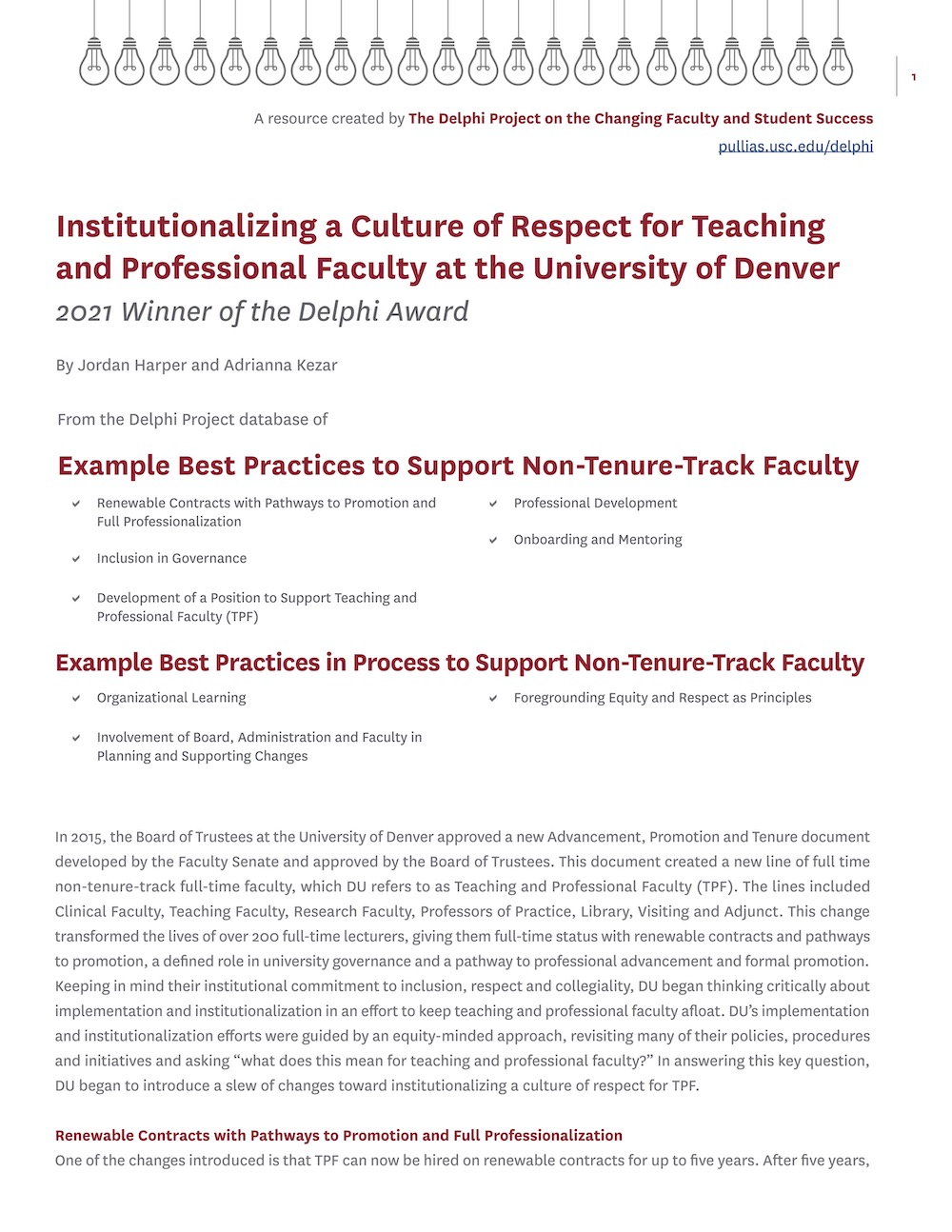 Institutionalizing a Culture of Respect for Teaching and Professional Faculty at the University of Denver