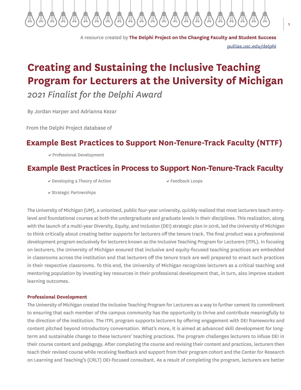 Creating and Sustaining the Inclusive Teaching Program for Lecturers at the University of Michigan