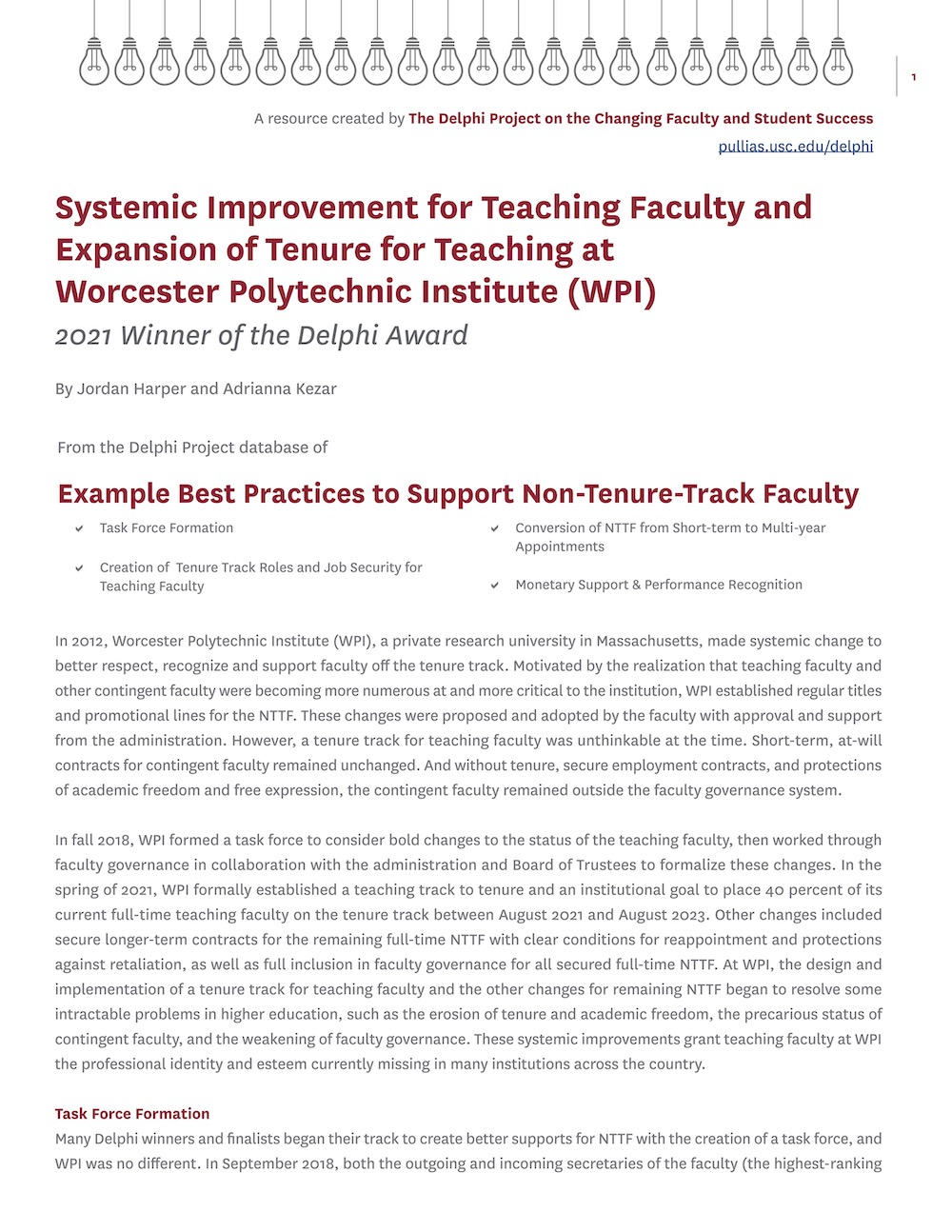 Systemic Improvement for Teaching Faculty and Expansion of Tenure for Teaching at Worcester Polytechnic Institute (WPI)
