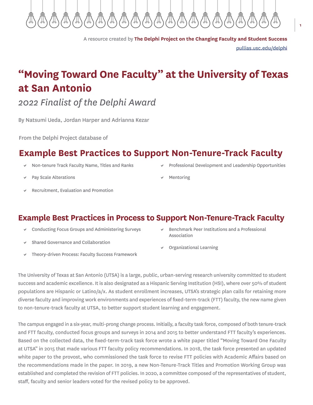 “Moving Toward One Faculty” at the University of Texas at San Antonio